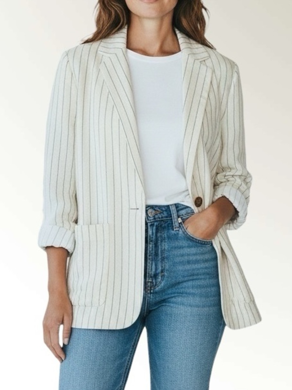 A New Day Linen Blend Pinstripe Blazer Cream White Jacket Coastal Grandmother